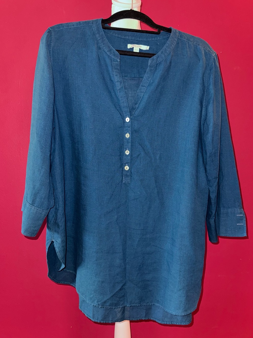 Chico's Linen Blue Split V-neck Henley w/Buttons Shirt Size XL/3